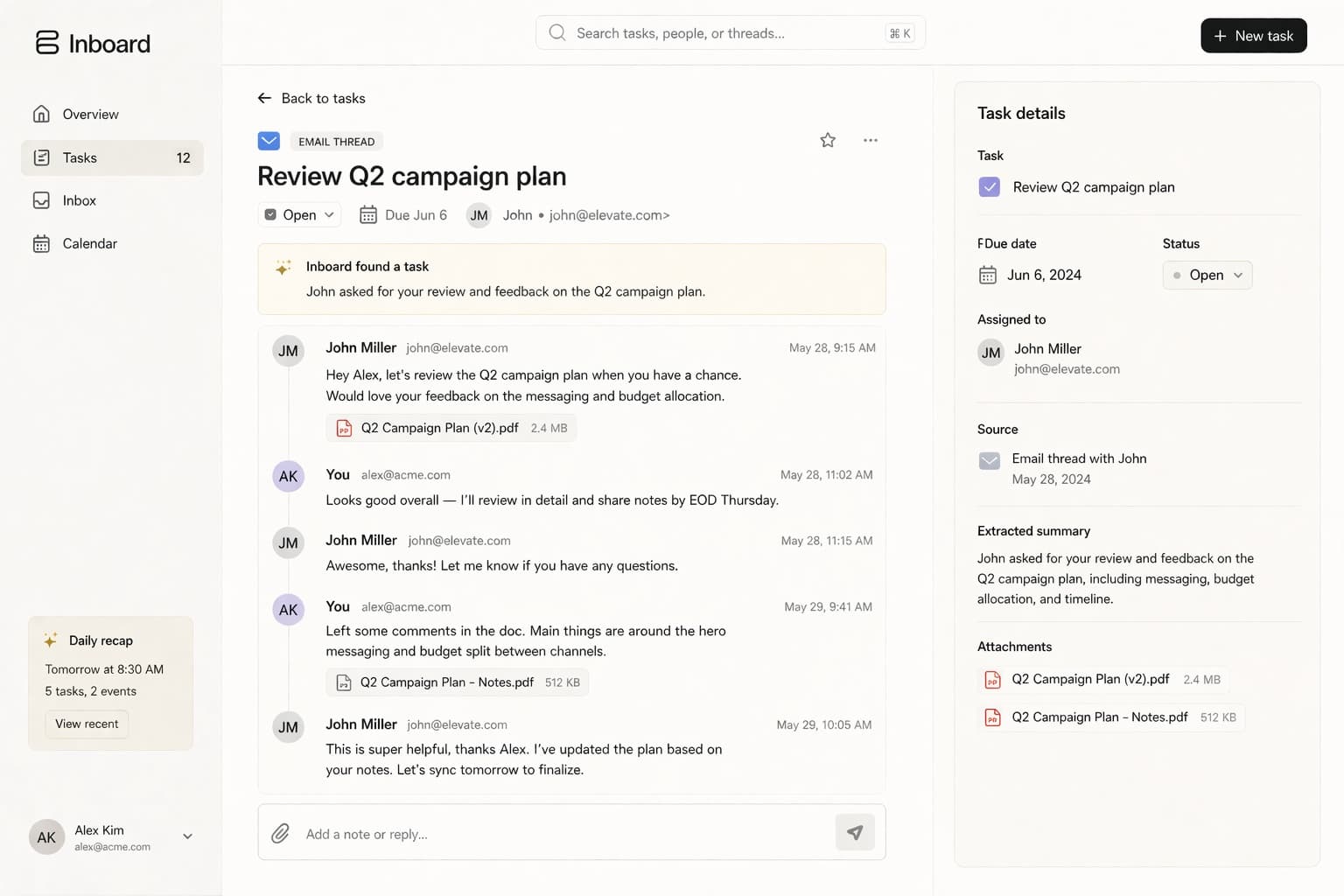 Inboard task and conversation view for tracking replies and commitments in Microsoft 365 email